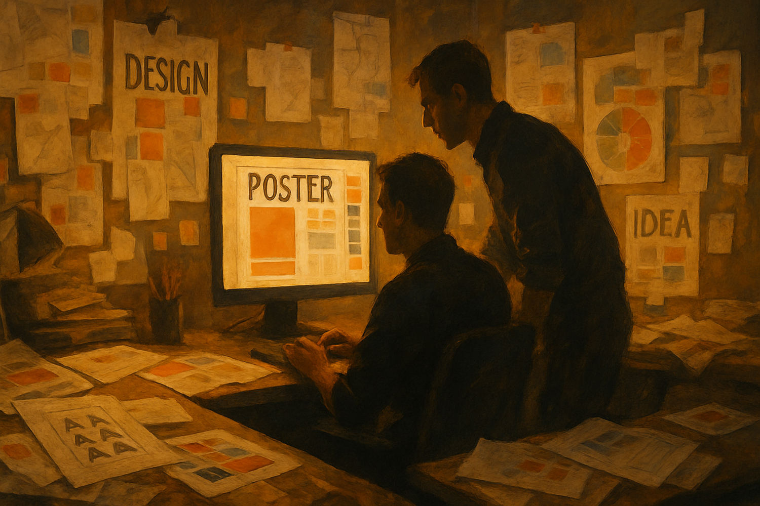 Genera una imagen de un estudio de diseño de posters con material por los lados como si hubiesemos estado trabajando mucho y que se vean las siluetas de dos hombres mirando un ordenador uno sentado y otro detras suyo mirando la pantalla y opinando
