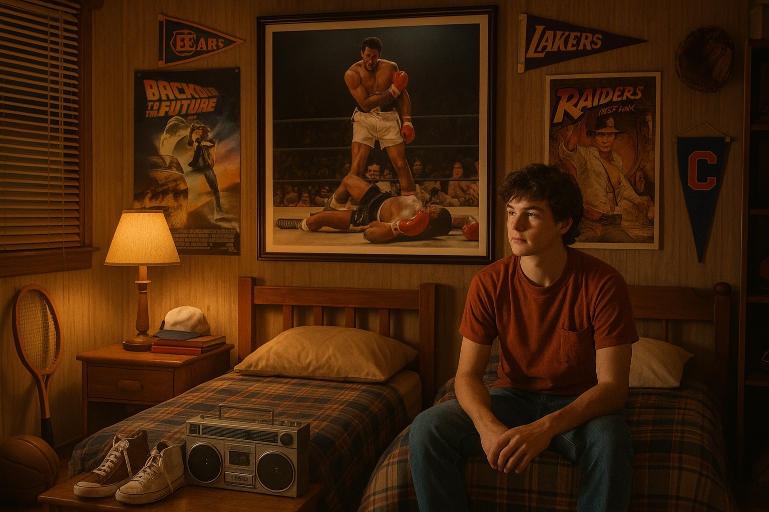 genera una imagen de una habitacion de chico joven aficionado a los deportes y al cine americano de los 80 con un cuadro colgado de fondo, con un boxeador derribando a otro enmedio de un estadio lleno de gente